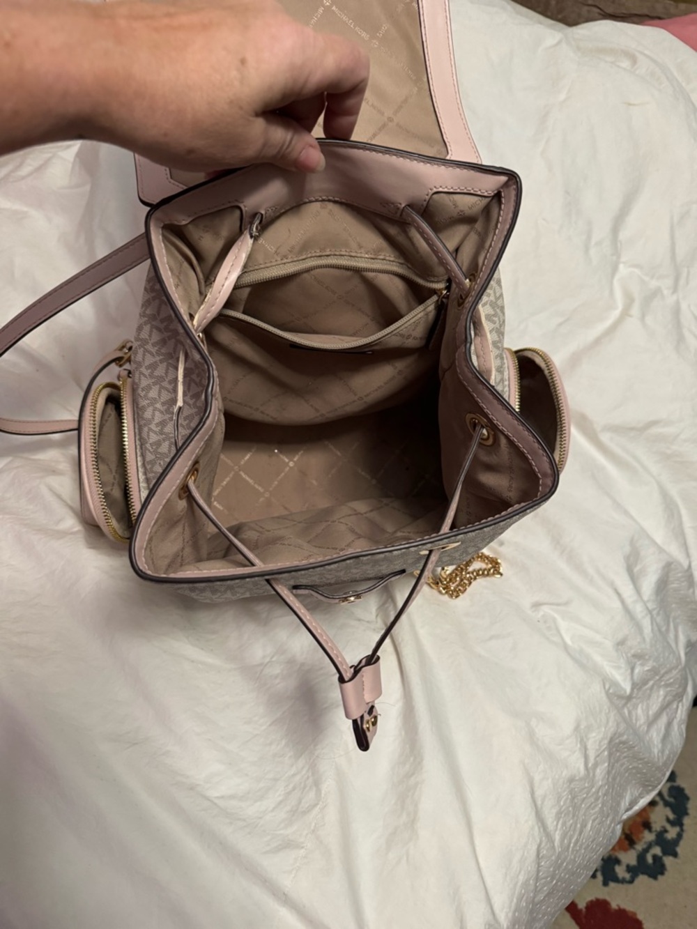 Michael Kors Jet Set Powder Pink Logo-Print Canvas Backpack with Gold Chain - Picture 4 of 7